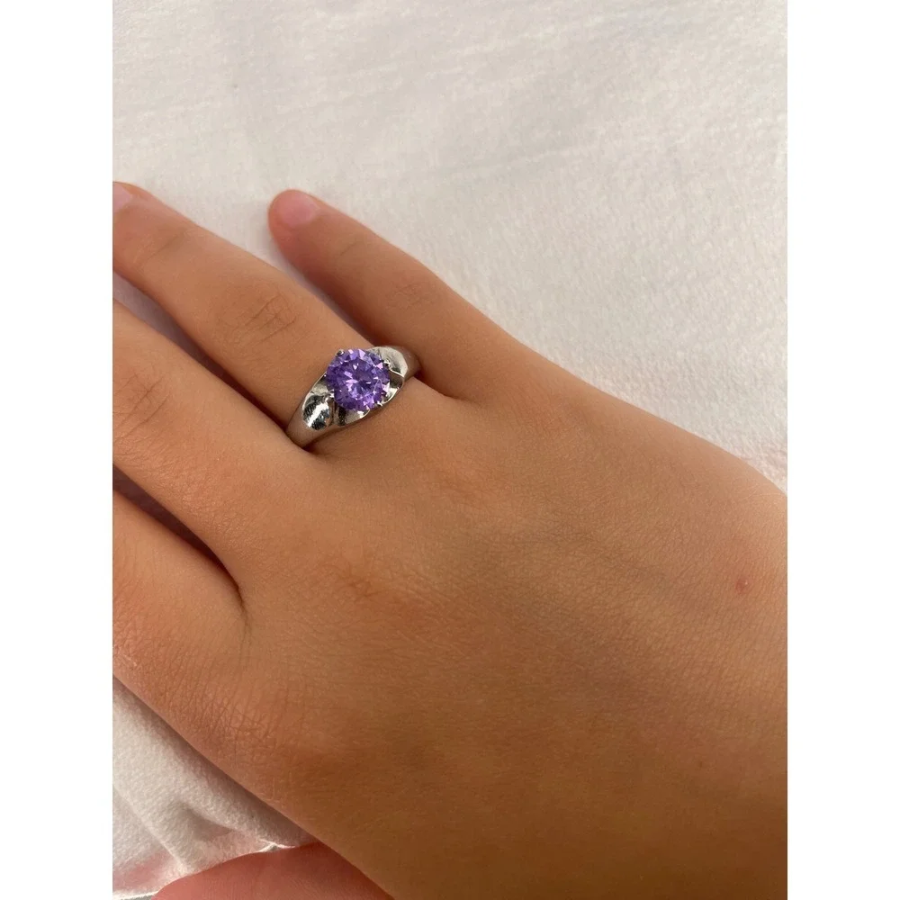Silver Tone Purple Round Cut Cubic Zirconia Solitaire Statement Ring Size10